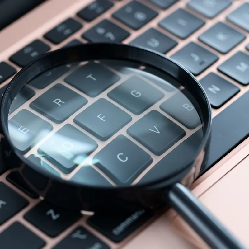 Eine Lupe liegt auf der Tastatur eines Laptops Eine Lupe liegt auf der Tastatur eines Laptops